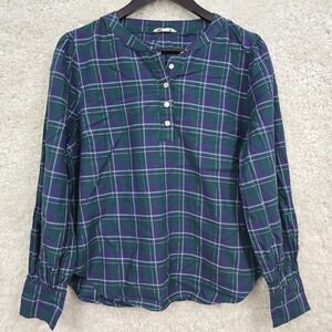 Roller Rabbit Womens Inverness Plaid Henley Top Blue Purple Size L Casual Boho
